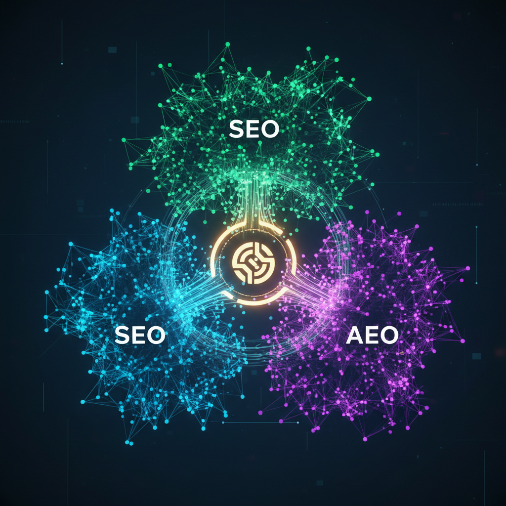 Diagrama abstrato mostrando a unificação de SEO, GEO e AEO pela plataforma BlogAI para geração de tráfego orgânico.