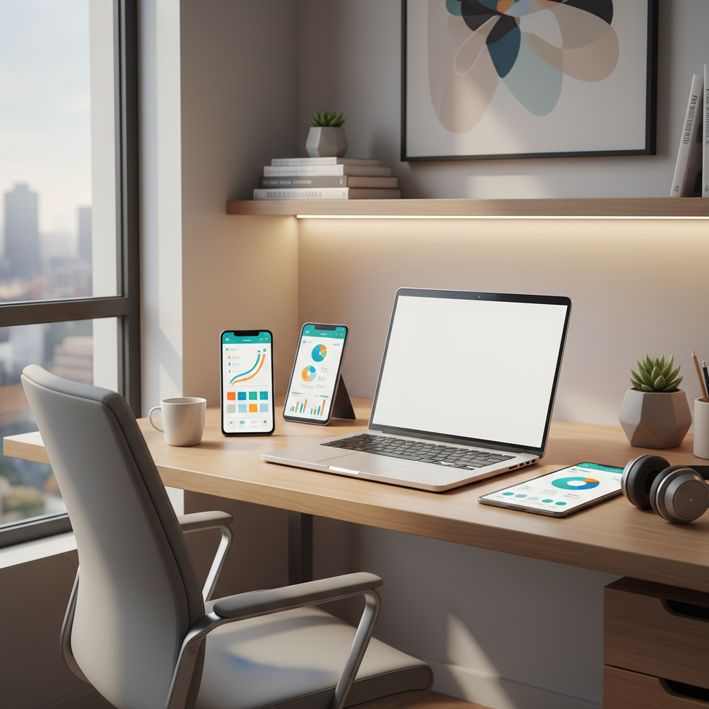 Smartphone sobre mesa de madeira exibindo ícones de produtividade e gestão para freelancers em 2026.