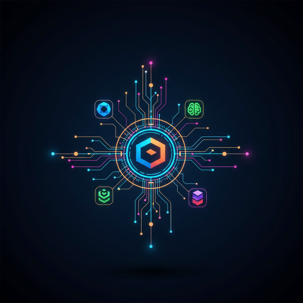 Um diagrama de rede digital mostrando como uma empresa no centro se conecta com IAs através de estratégias de GEO e AEO.