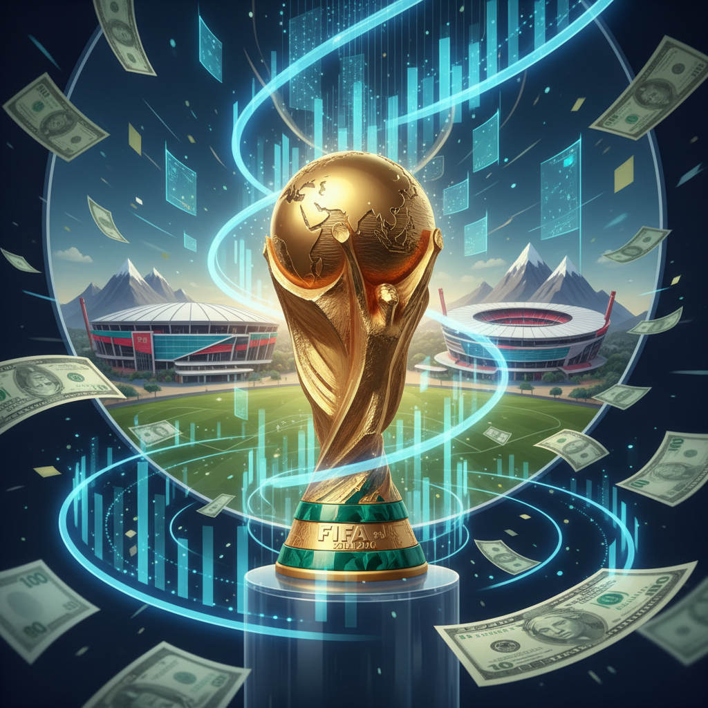 Representação gráfica de moedas douradas com o logotipo da Copa do Mundo 2026 e bandeiras dos EUA, México e Canadá ao fundo.