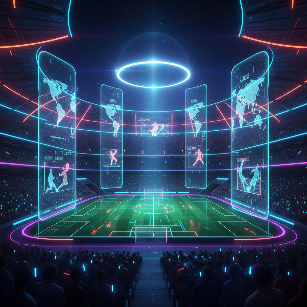 Infográfico ilustrativo das bandeiras das seleções que participaram de todas as Copas do Mundo do século XXI sobre um gramado de estádio moderno.