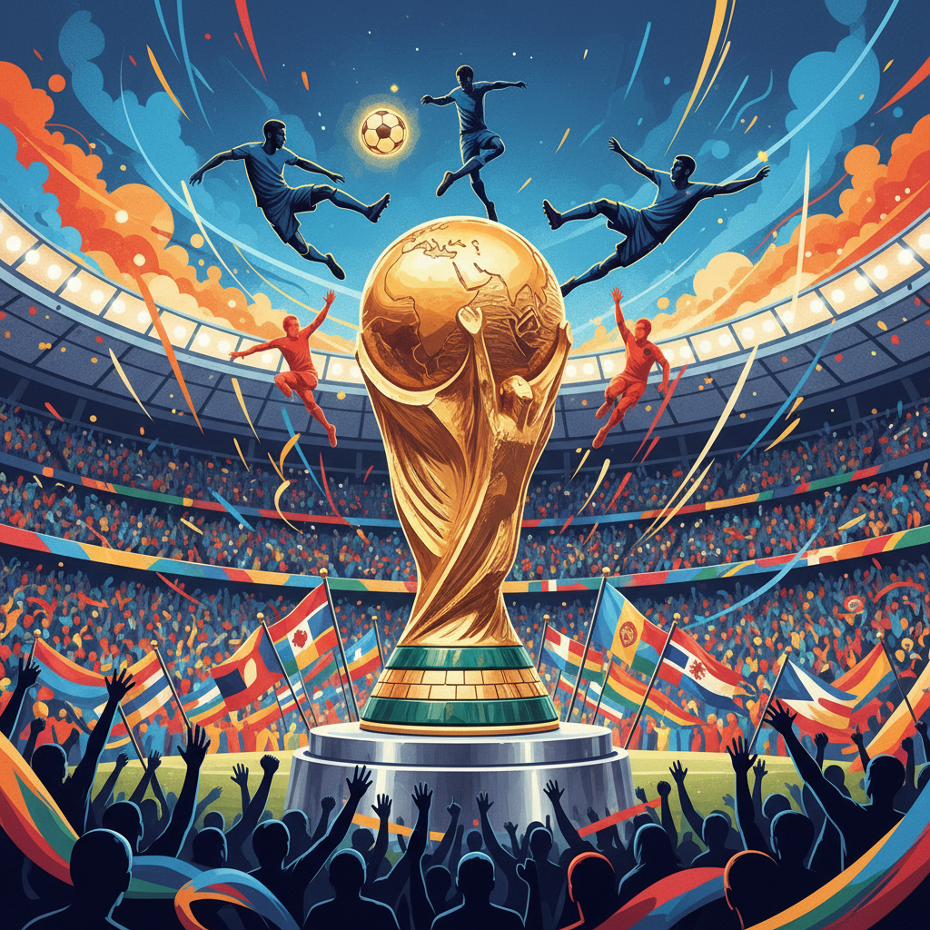 Estádio com torcida vibrante e o troféu da Copa do Mundo, representando as convocações para 2026.