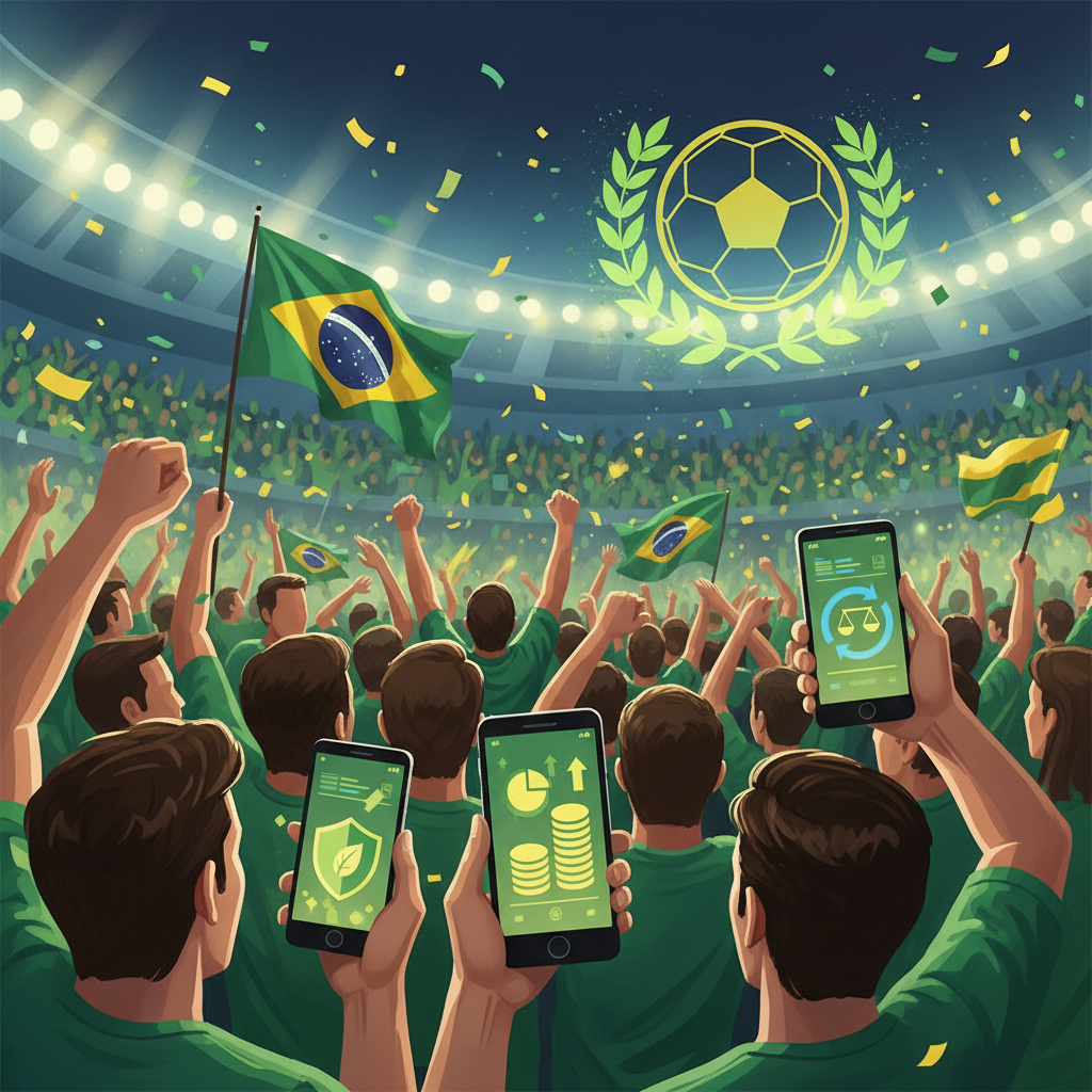 Pessoas comemorando com cores da bandeira brasileira, olhando para um celular com aplicativo de apostas, e um aviso sobre jogo responsável, ilustrando o aumento dos gastos com bets na Copa 2026 no Brasil.