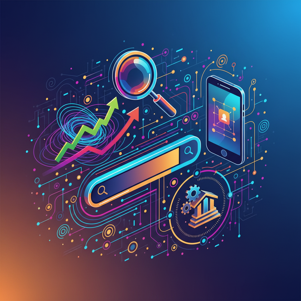 Ilustração digital abstrata com elementos de SEO interconectados