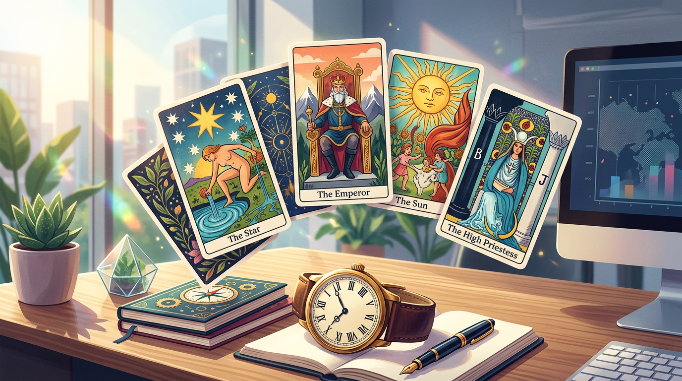 Ilustração artística de cartas de tarô flutuando sobre uma mesa de escritório organizada com um relógio marcando a hora da virada, simbolizando o recomeço.