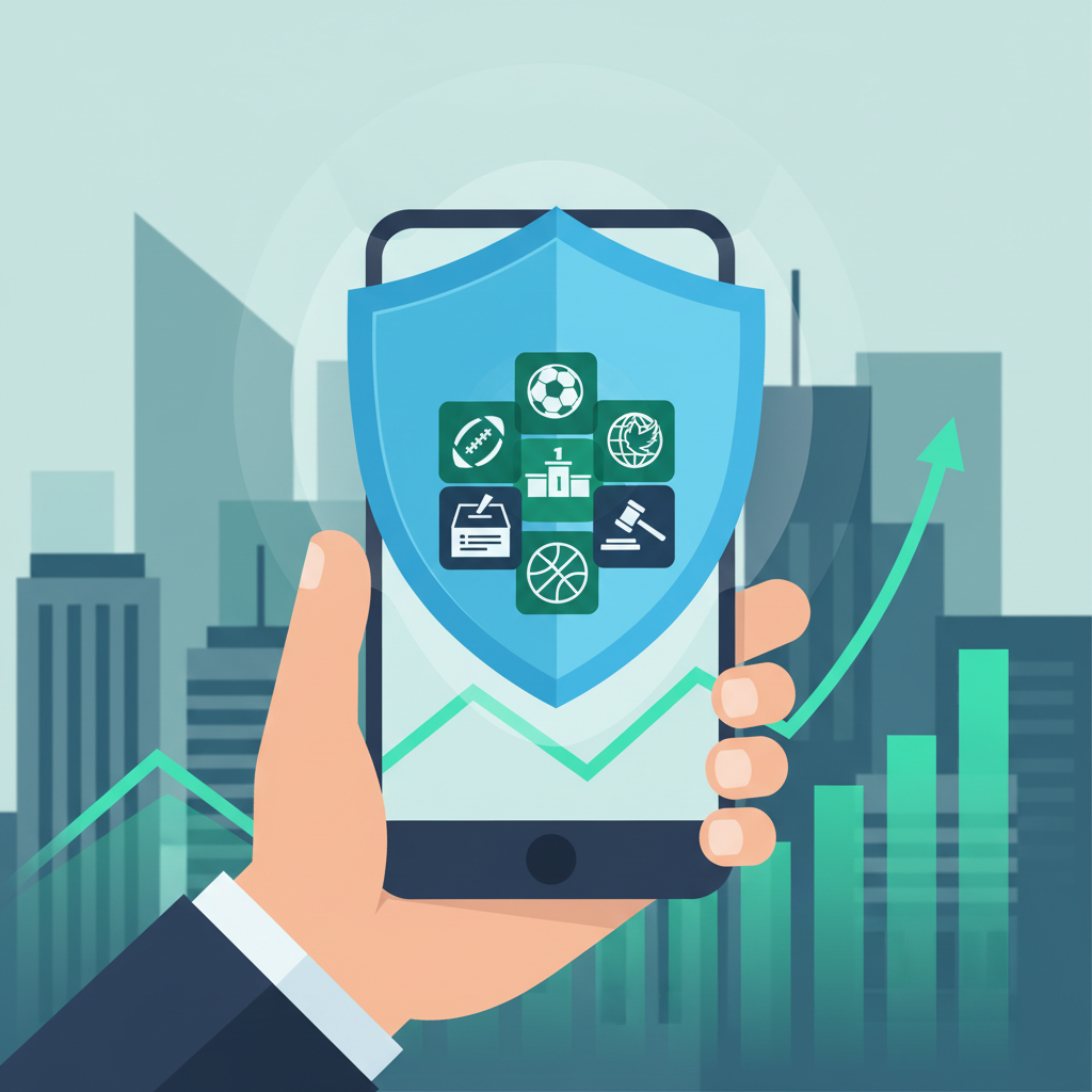 Ilustração de um smartphone exibindo gráficos financeiros e resultados esportivos com um cadeado simbolizando regulação governamental em 2026.