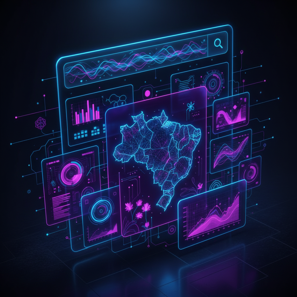 Ilustração moderna mostrando uma interface de chat da IA ChatGPT recomendando marcas brasileiras em uma tela digital holográfica, representando estratégias de GEO.