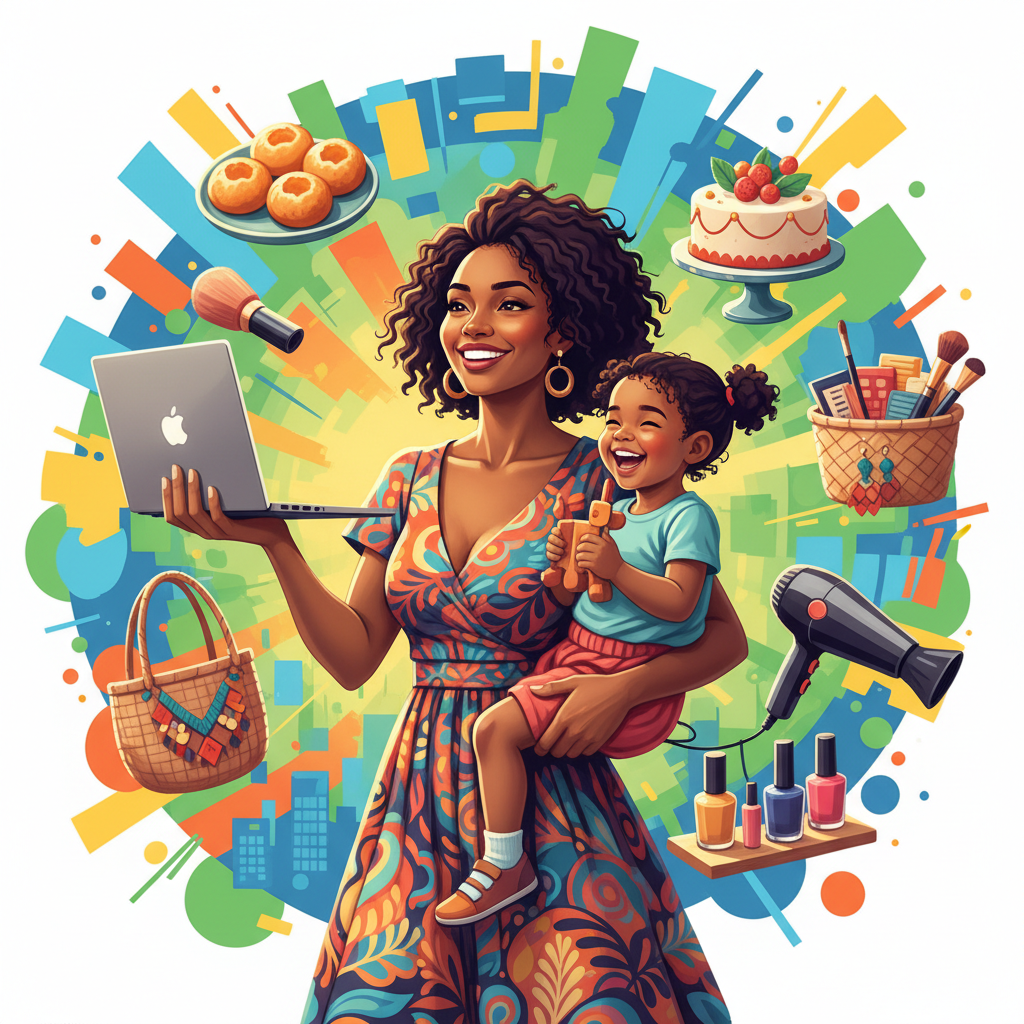 Mulher brasileira sorrindo, equilibrando laptop e filho, com doces, artesanatos e ferramentas de beleza ao redor, simbolizando renda extra com talentos.