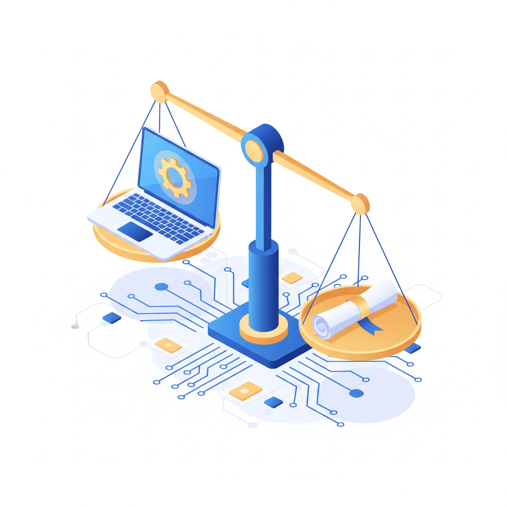 Ilustração de um profissional freelancer analisando contratos digitais em um tablet com gráficos de justiça e equilíbrio.