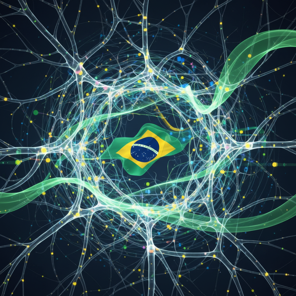 Ilustração abstrata de neurônios interconectados em rede, simbolizando inteligência artificial e fluxo de dados para empresas brasileiras em 2026.