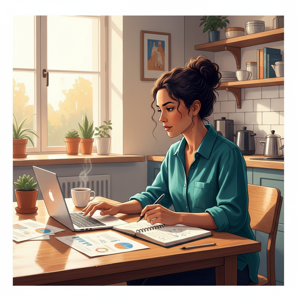 Mulher brasileira planejando suas finanças em uma mesa, com calculadora e notas, simbolizando a busca por renda extra apontada na pesquisa Datafolha de 2026.