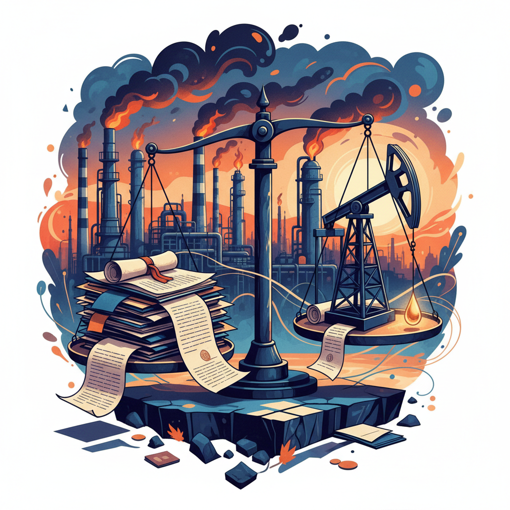 Balança da justiça com contratos e uma refinaria da Petrobras ao fundo, ilustrando o Tema 1.118 do STF