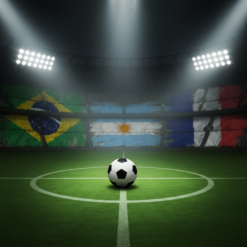 Análise de Messi sobre os favoritos da Copa do Mundo 2026, com bola de futebol no centro do campo.