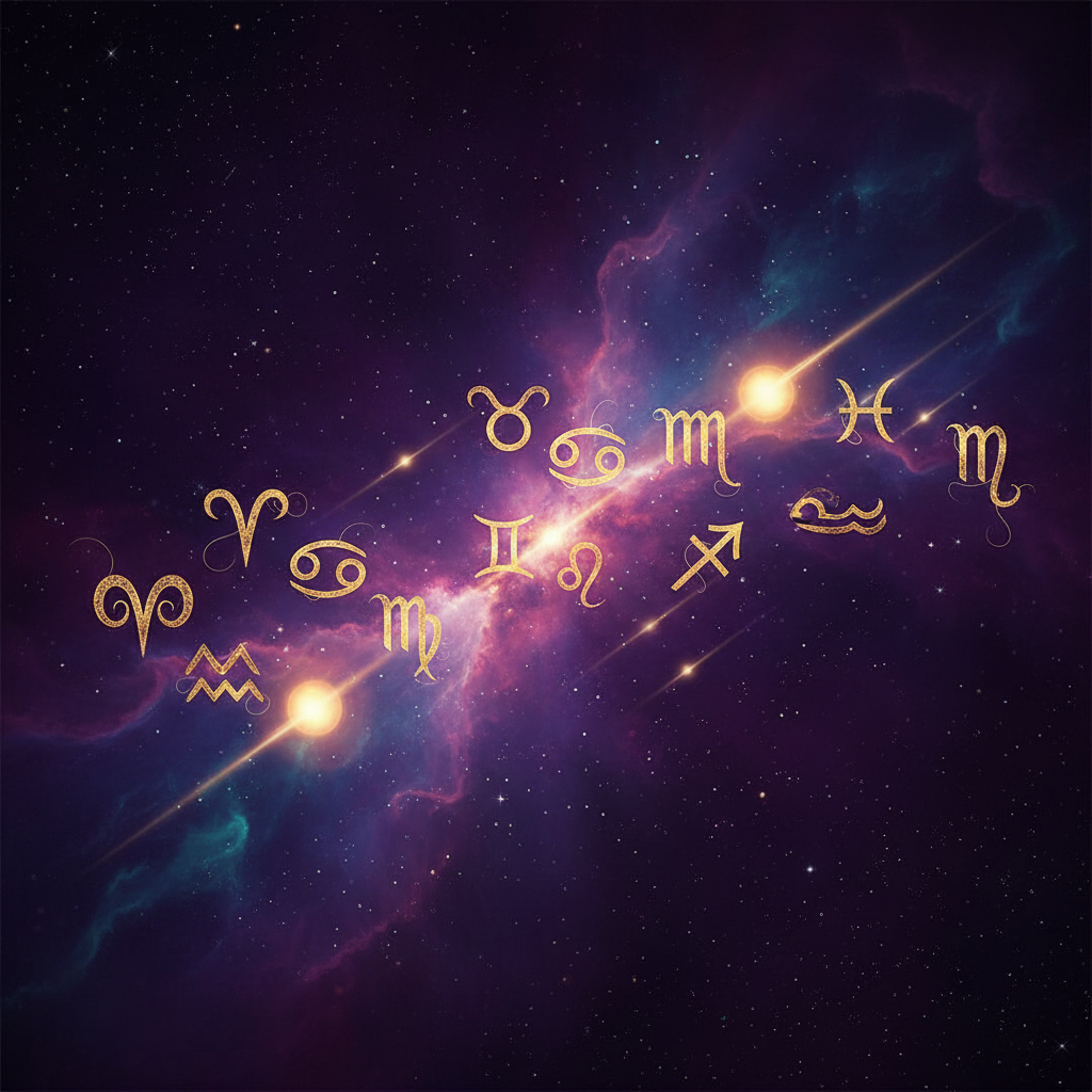 Ilustração mística representando os símbolos dos signos do zodíaco e elementos cósmicos para o horóscopo semanal de abril de 2026.