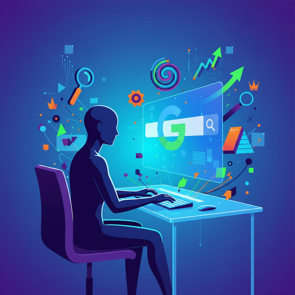 Pessoa pesquisando no Google, com elementos gráficos de SEO ao redor