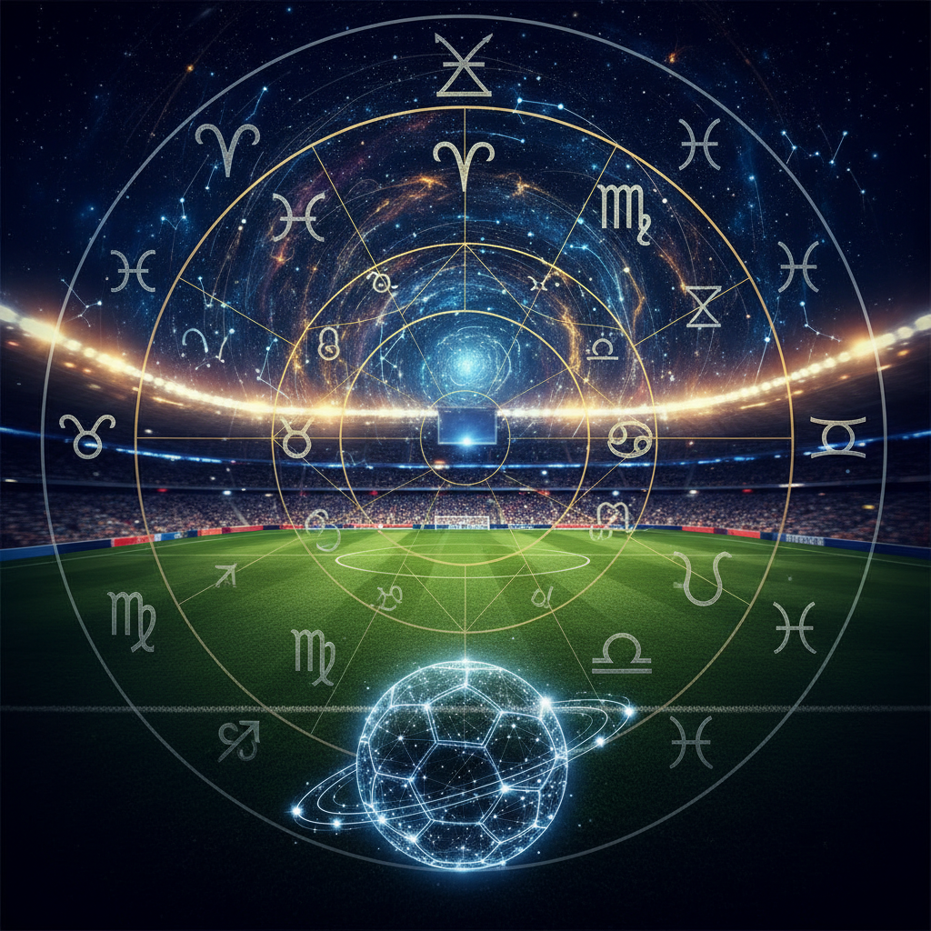 Imagem conceitual mostrando um estádio de futebol com símbolos astrológicos, ilustrando a história de Raymond Domenech e a astrologia na Copa de 2006.