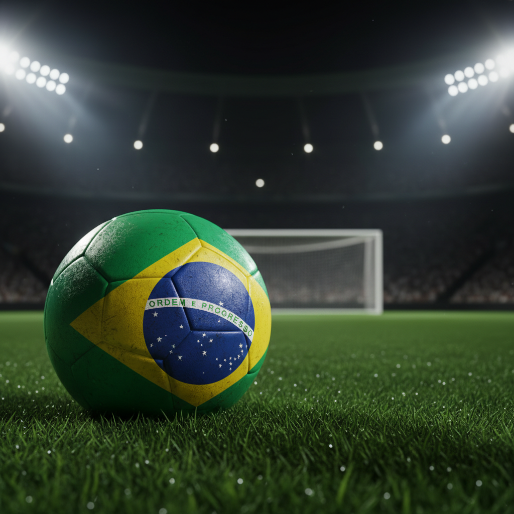 Bola de futebol com a bandeira do Brasil no gramado, representando a disputa pela vaga de Militão na Copa 2026.