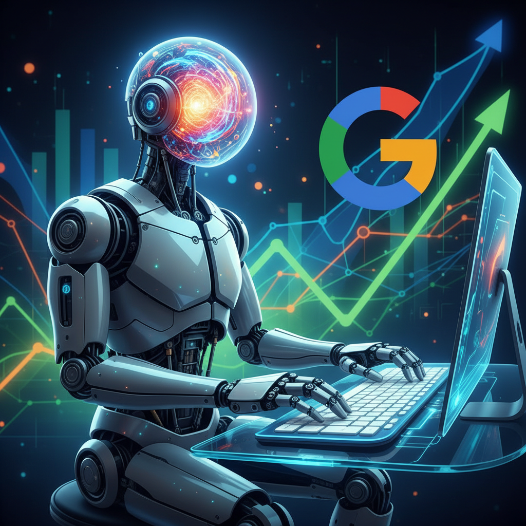 Robô da Google AI otimizando tráfego orgânico em um computador