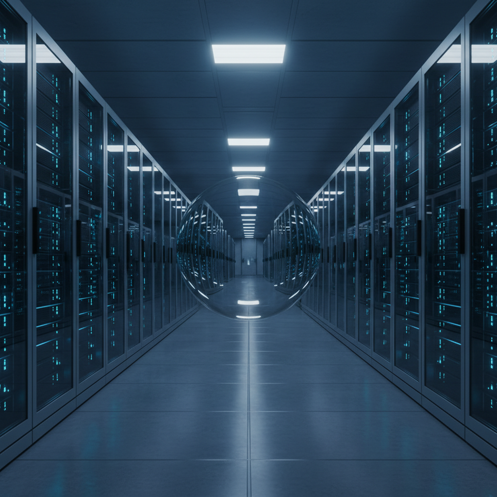 Diagrama ilustrando o consumo de água do ChatGPT, com racks de servidores de data center dentro de uma gota d'água.