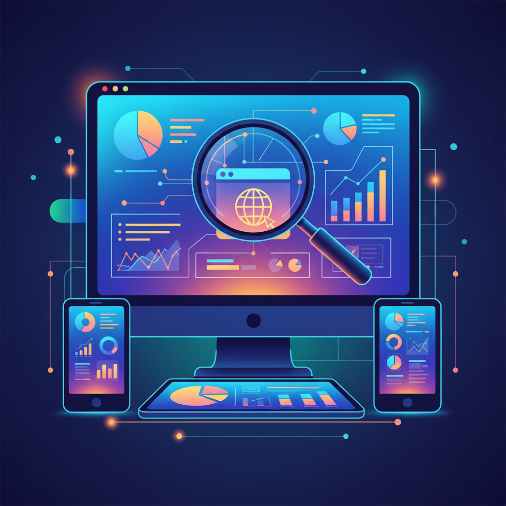 Painel do Google Search Console com gráficos de desempenho e um ícone de site, otimização SEO para PMEs