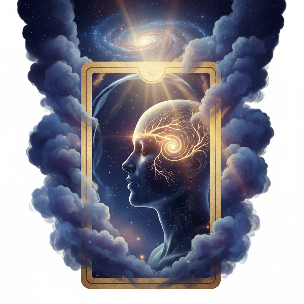 Carta de tarô refletindo o rosto de uma pessoa, representando autoconhecimento e descoberta interior, com fundo místico e iluminação etérea.