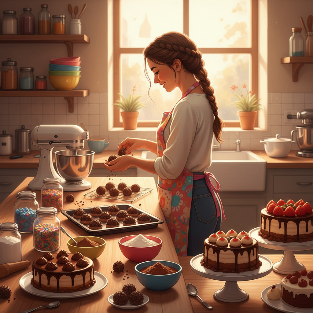 Mulher alegre preparando doces e bolos em uma cozinha organizada para renda extra.
