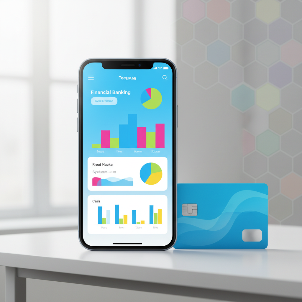 Smartphone exibindo aplicativo de conta digital para menores de 18 anos ao lado de um cartão de débito colorido sobre uma mesa de madeira.