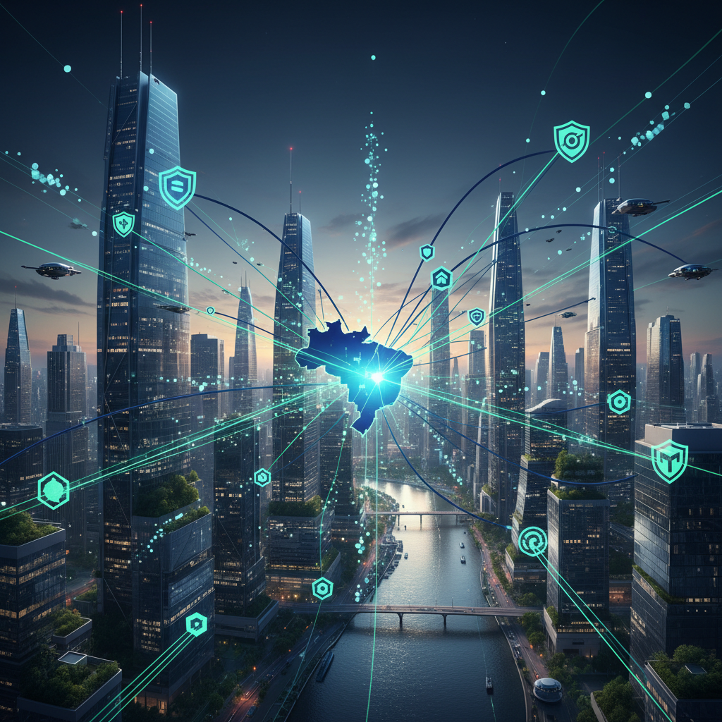 Representação conceitual de inteligência artificial conectando dados de empresas brasileiras a mecanismos de resposta como ChatGPT e Gemini em 2026.