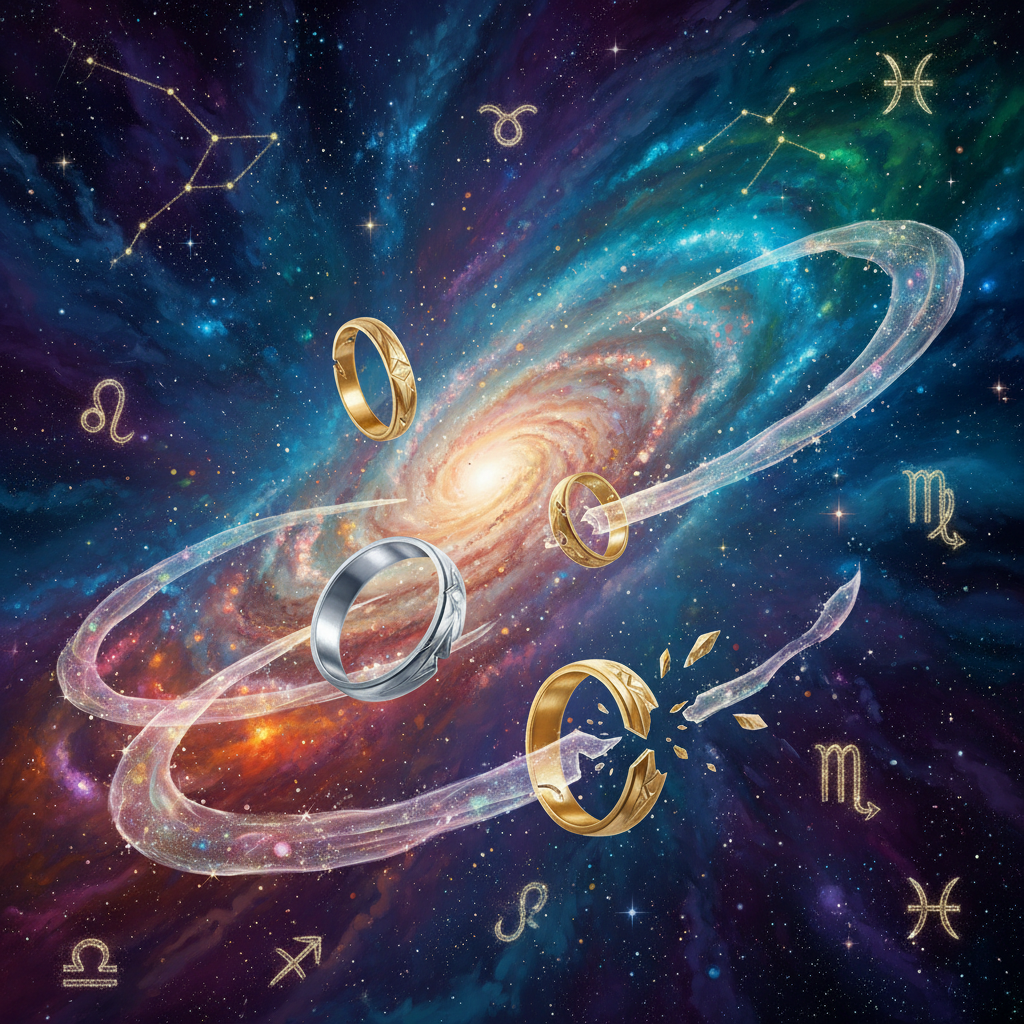 Ilustração de uma constelação com anéis de casamento flutuando, representando os signos que fogem do altar.