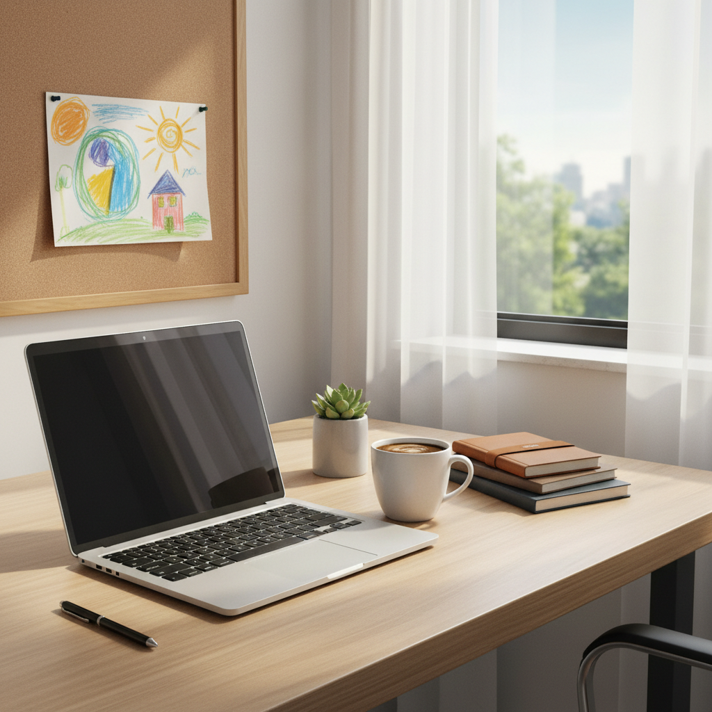 Mesa de trabalho com notebook, desenho de criança e café, ilustrando a possibilidade de renda extra para pais em 2026.