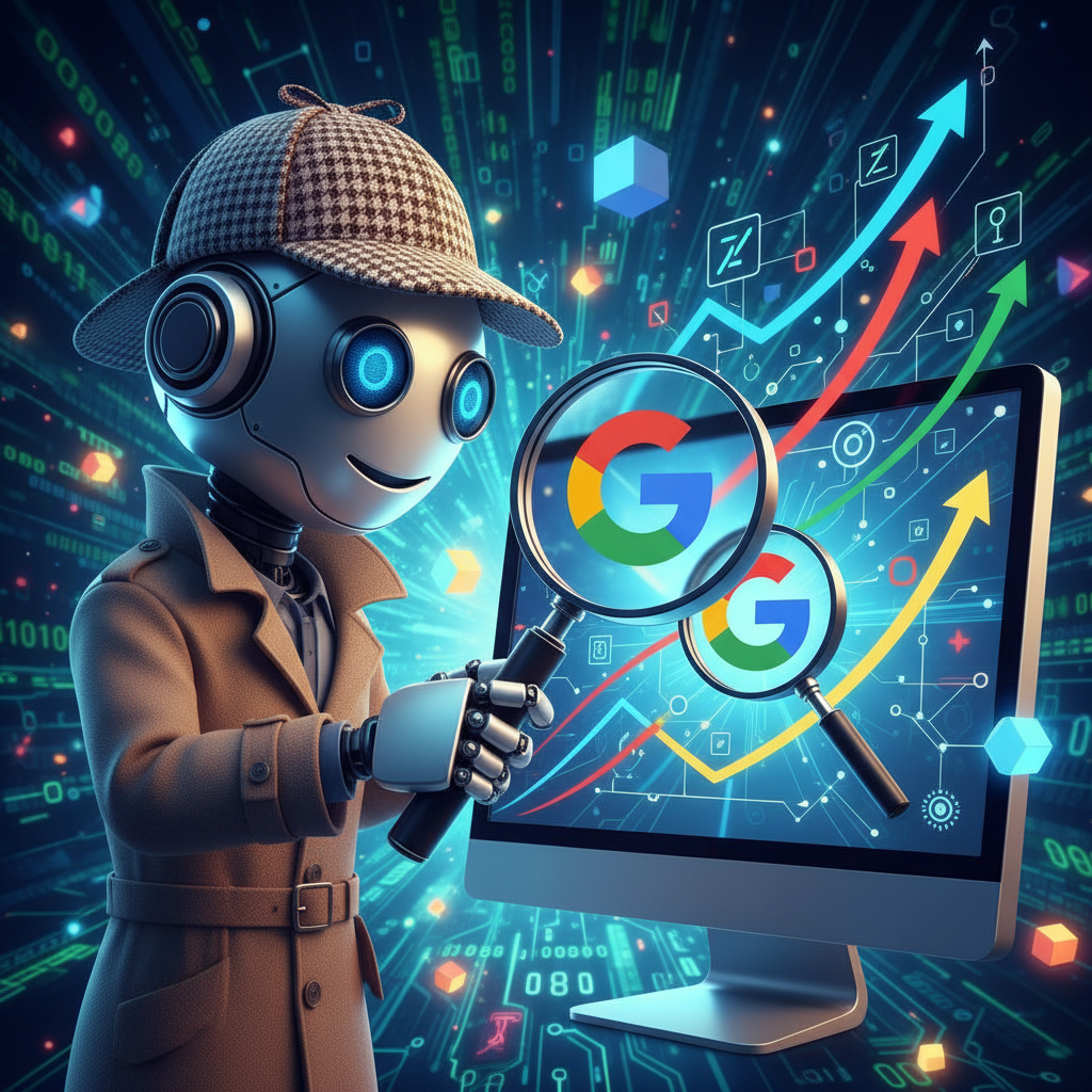 Robô de SEO amigável examinando um monitor com a logo do Google, simbolizando a otimização de busca.