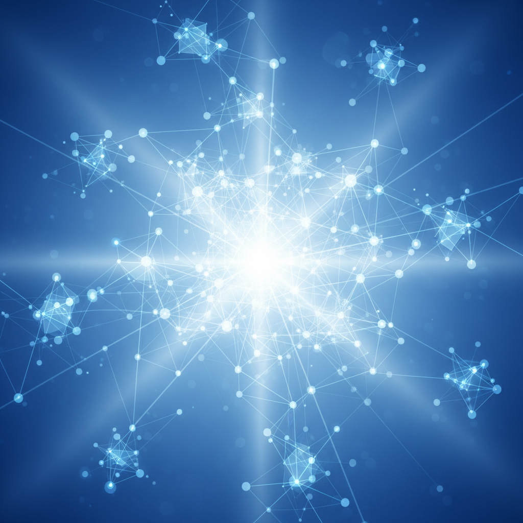 Gráfico abstrato ilustrando uma estratégia para LinkedIn em 2026 com redes de conexões e um ponto de destaque.
