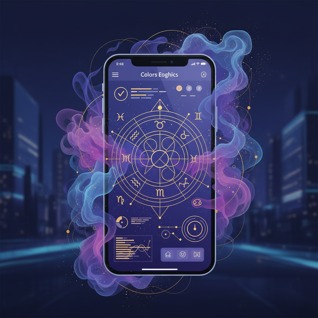 Representação abstrata do Modo Astrologia do Tinder com símbolos de signos e um smartphone, ilustrando a união de tecnologia e misticismo.