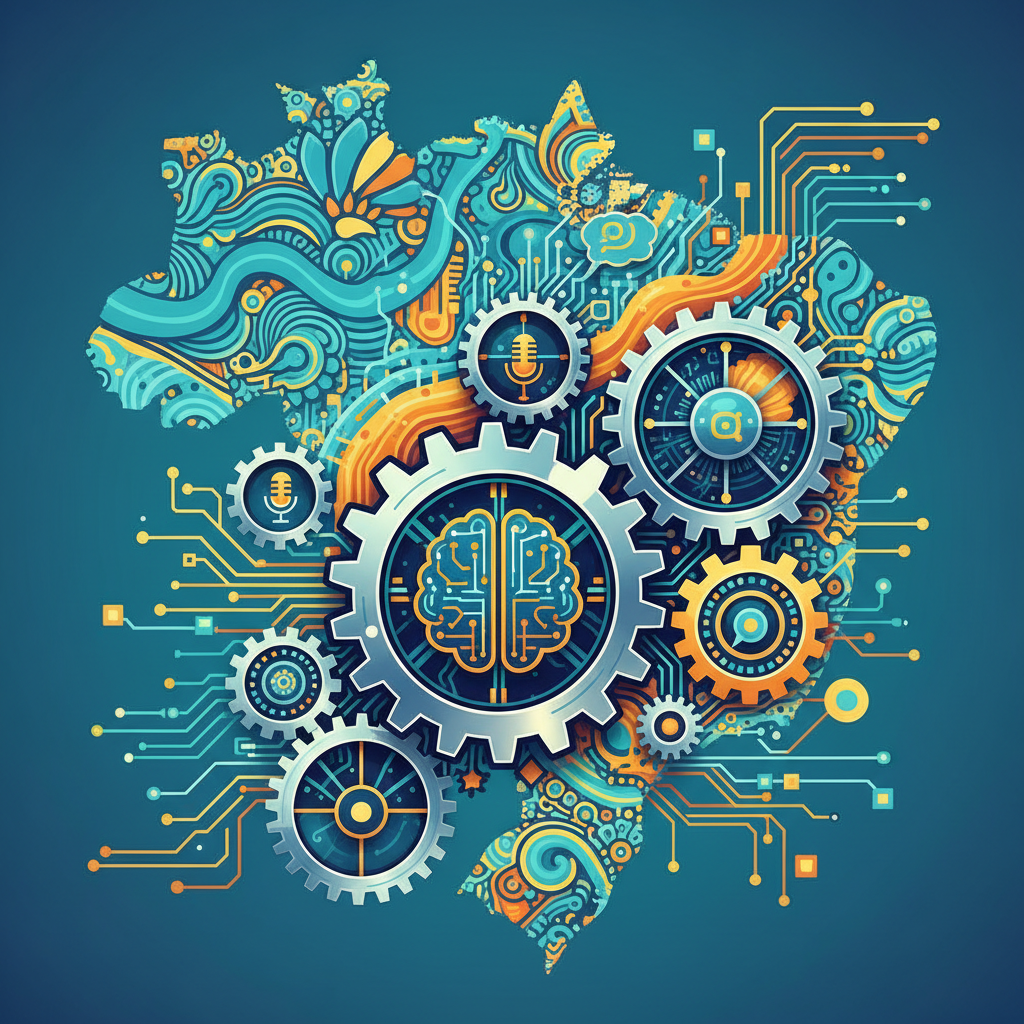 Ilustração abstrata de um framework de conteúdo e AEO para empresas brasileiras, com engrenagens interconectadas e fluxo de dados.