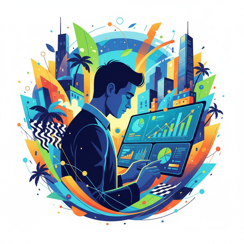 Ilustração de empreendedor brasileiro analisando métricas de SEO em dashboard