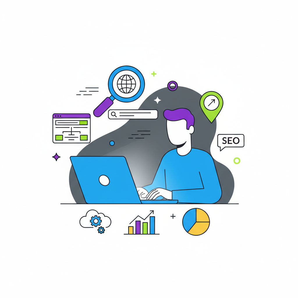 Empreendedor brasileiro otimizando SEO em laptop com métricas e ícones digitais