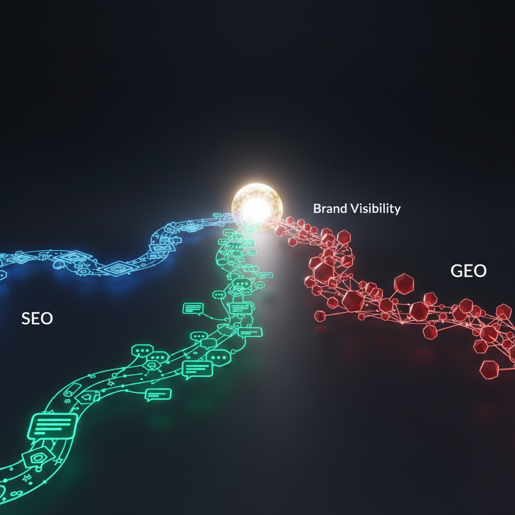 Infográfico abstrato mostrando a convergência de SEO, GEO e AEO para a visibilidade da marca em 2026.
