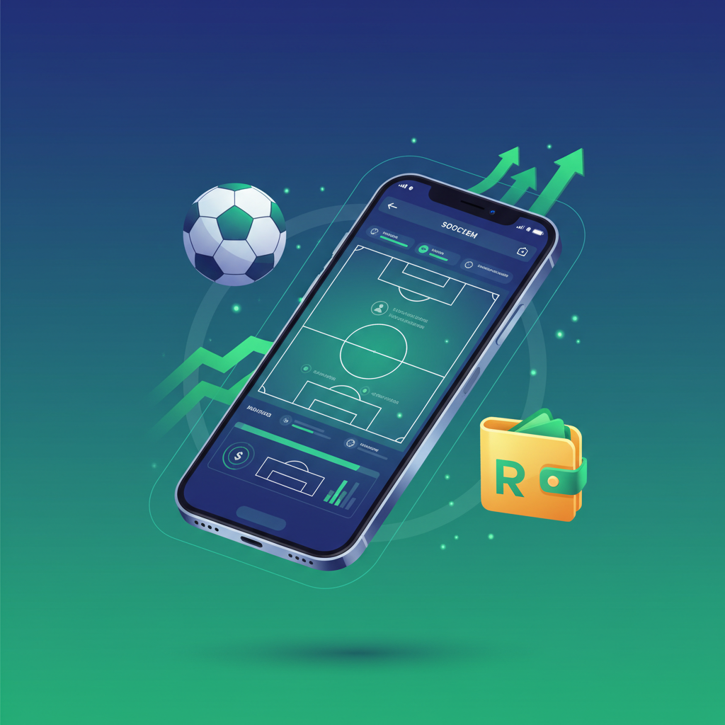 Ilustração profissional mostrando um smartphone com gráficos de odds e um campo de futebol ao fundo, representando o mercado de apostas brasileiro.