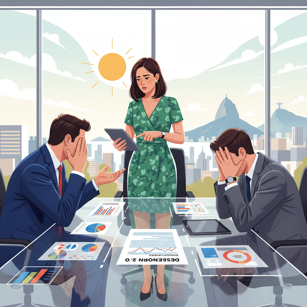 Executivos de empresas de apostas brasileiras discutindo as novas regras do Desenrola 2.0 com expressões apreensivas