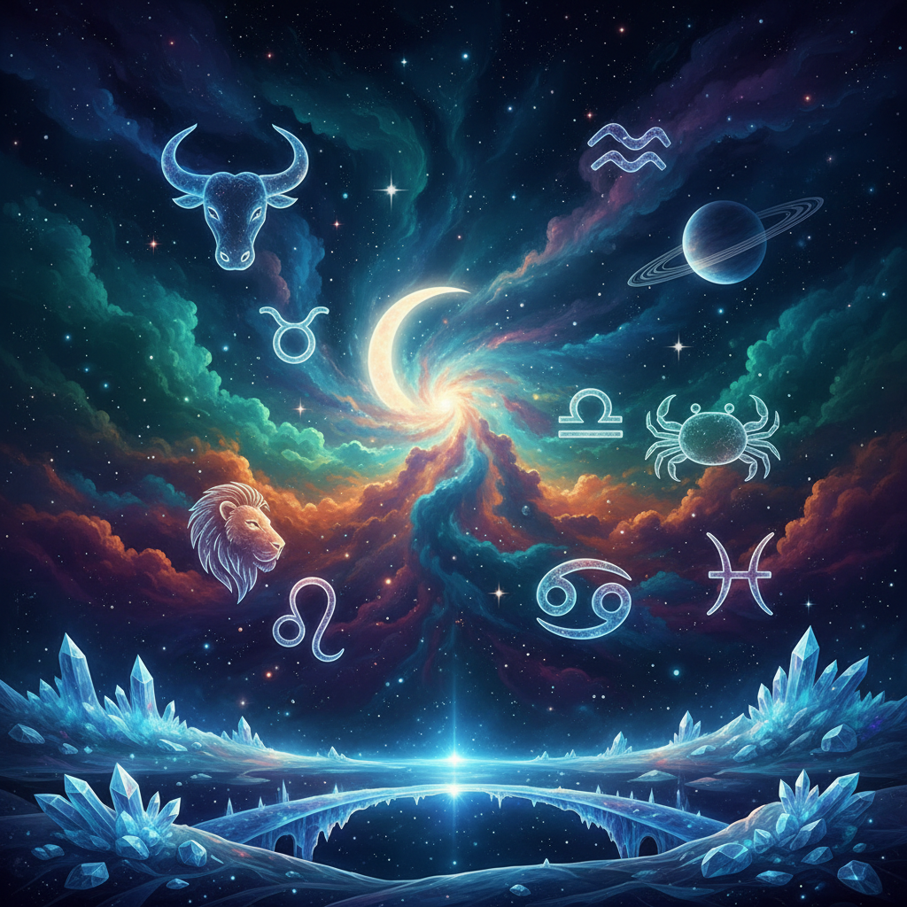 Representação visual do céu noturno com símbolos astrológicos, ilustrando o guia prático de astrologia para iniciantes