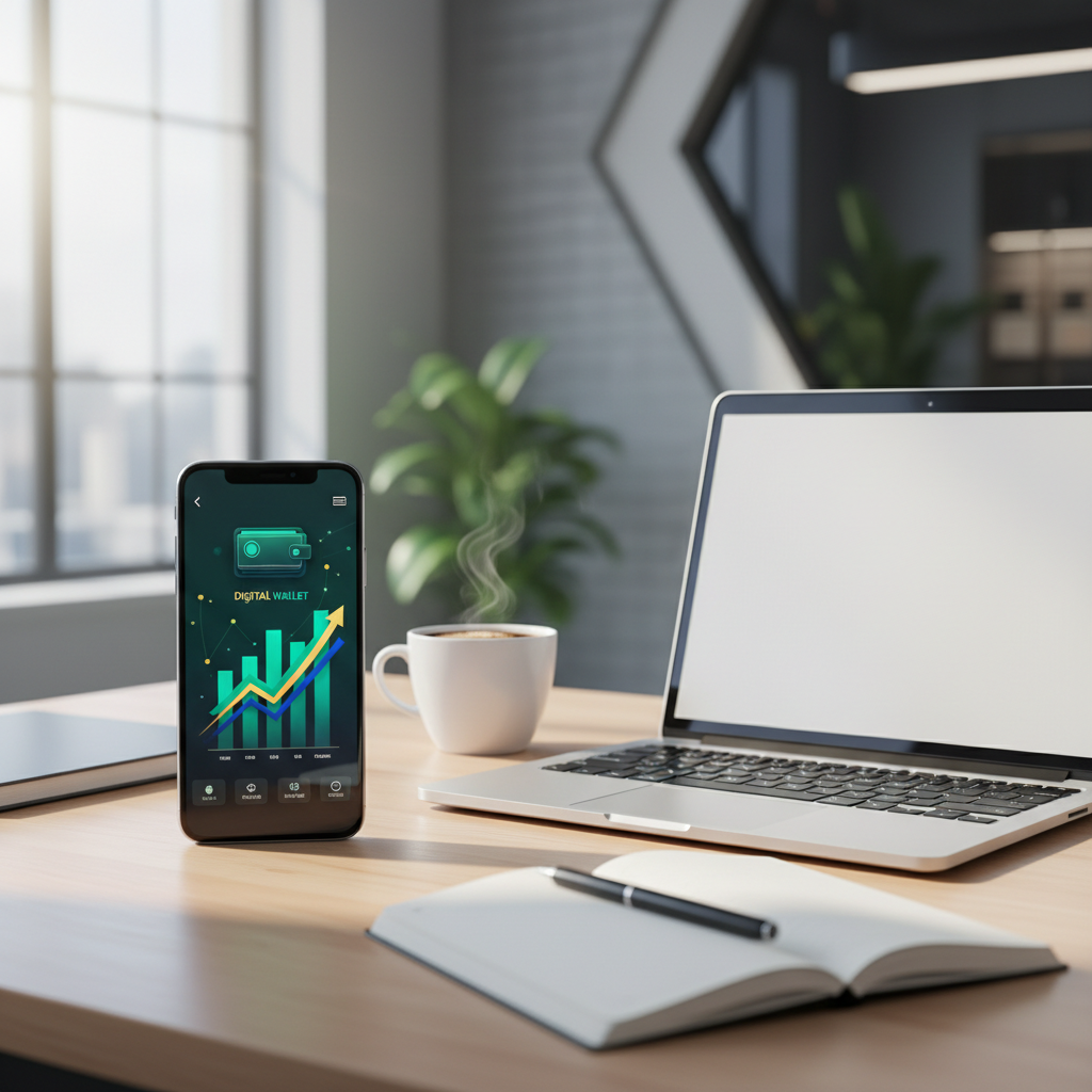 Smartphone exibindo notificações de pagamentos recebidos e gráficos de ganhos online sobre uma mesa de escritório moderna.