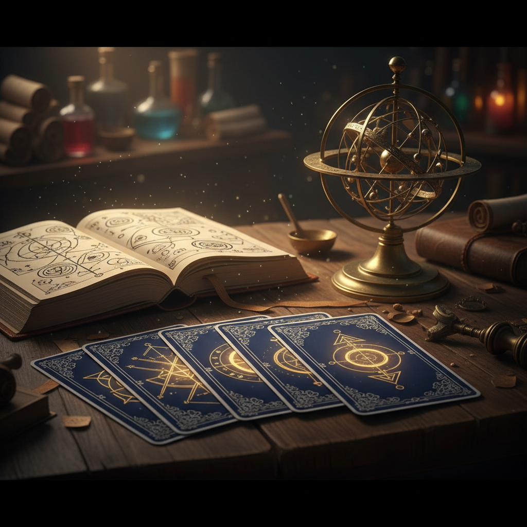 Ilustração mística mostrando a conexão entre cartas de tarô, símbolos numerológicos e planetas do sistema solar em tons de dourado e azul profundo.