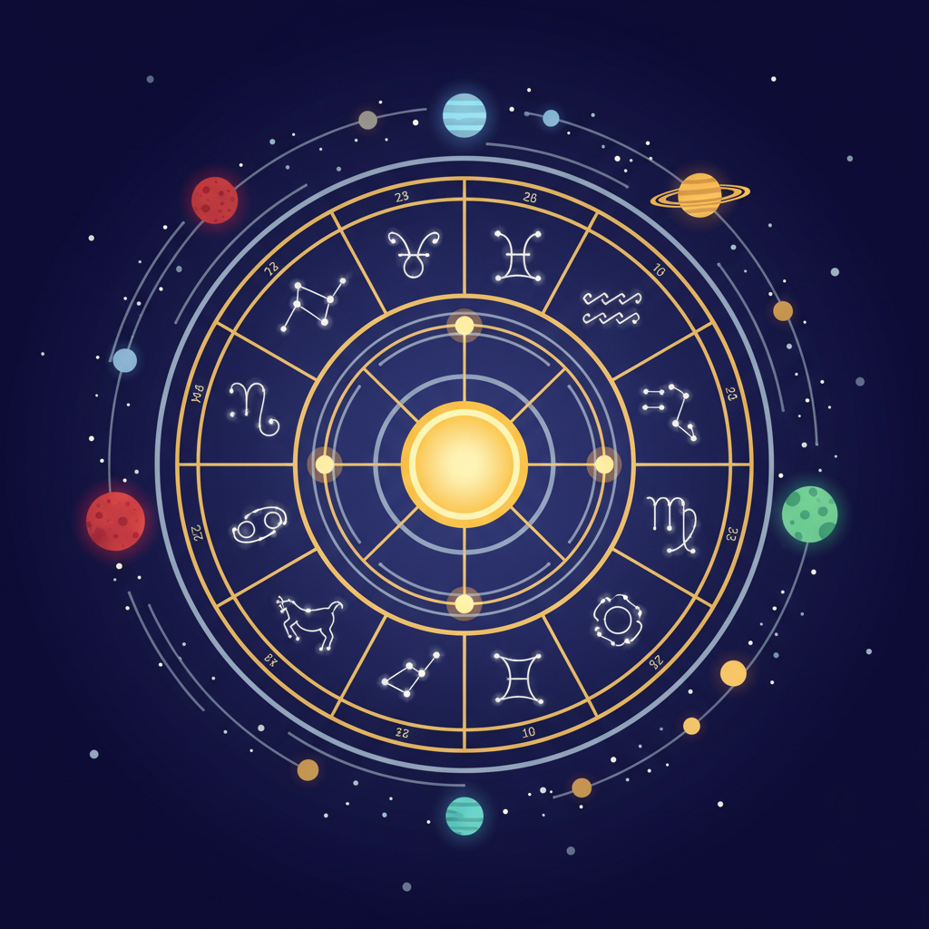 Roda do zodíaco com constelações ilustrando as curiosidades da astrologia em 2026.