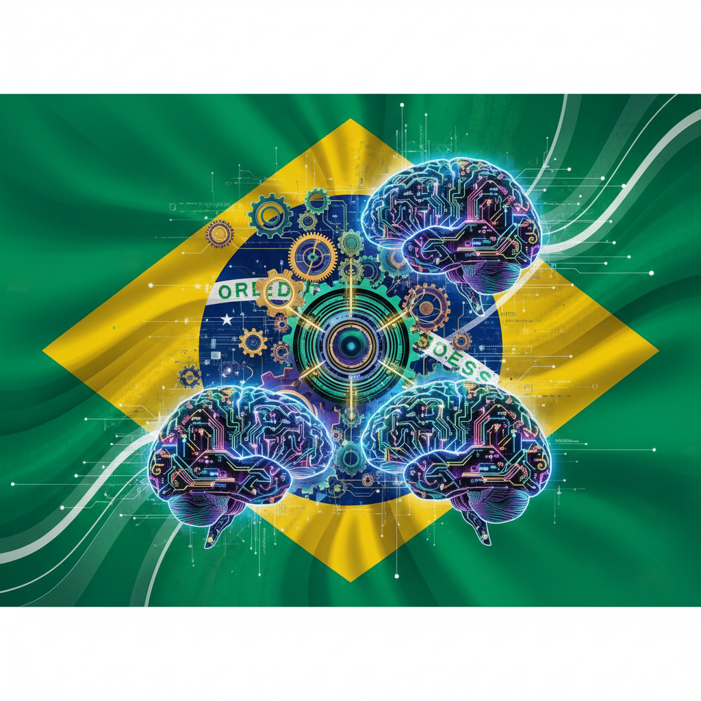 Ilustração abstrata de cérebros digitais e engrenagens conectadas, simbolizando o aprendizado e otimização de IA para empresas brasileiras.