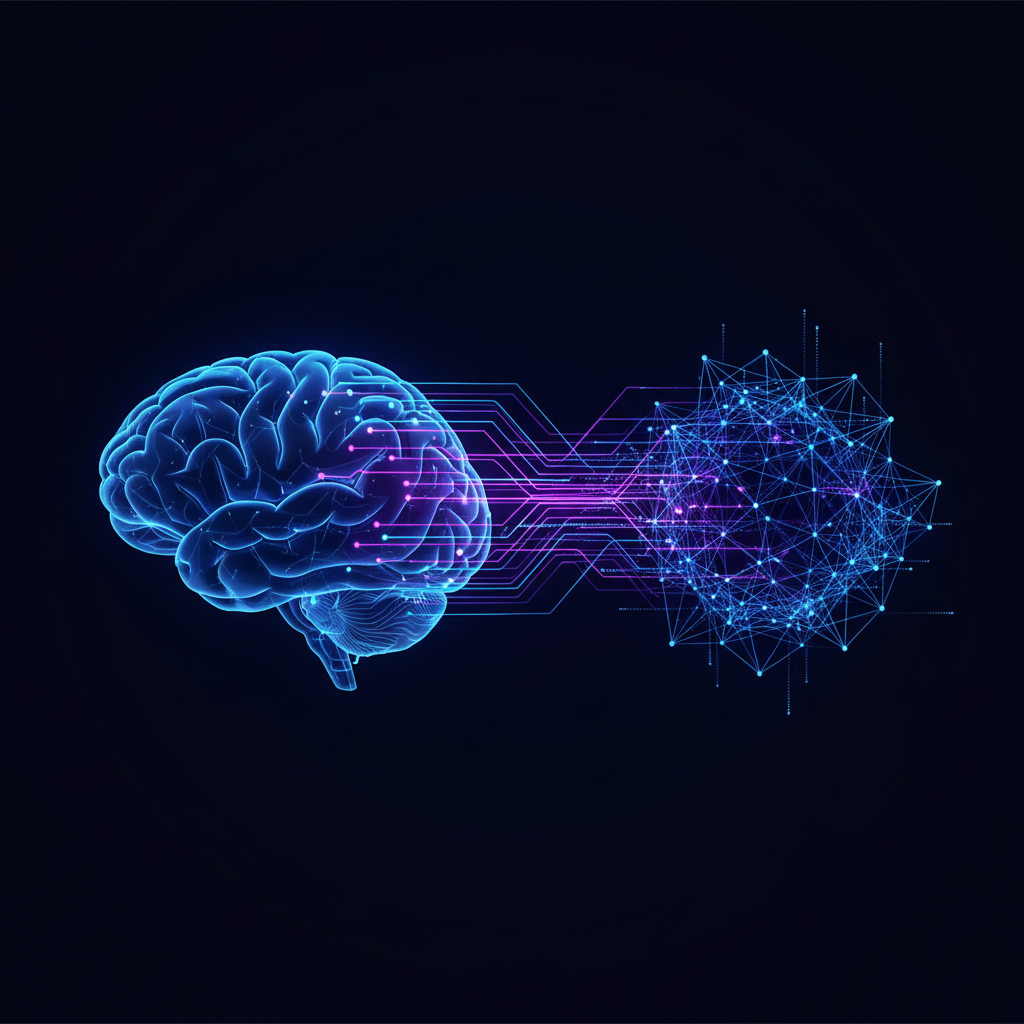 Ilustração abstrata de uma rede neural representando a otimização para IAs (GEO e AEO) para fazer a IA recomendar uma empresa.