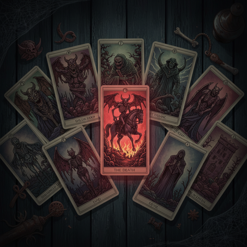 Uma imagem sombria representando o conceito do filme O Tarô da Morte, com cartas amaldiçoadas sobre uma mesa.