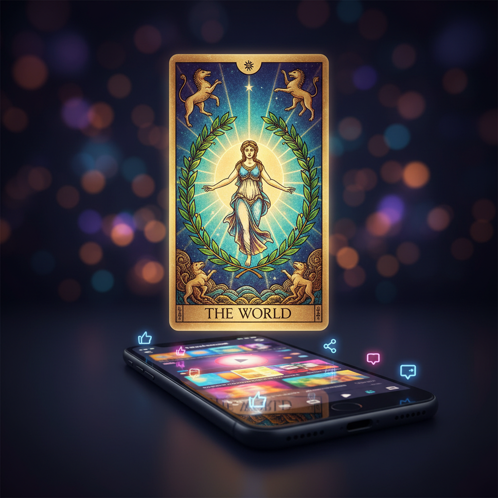 Uma carta de tarô brilhante flutuando acima de um smartphone que exibe a interface do TikTok, ilustrando o fenômeno Tarotok.