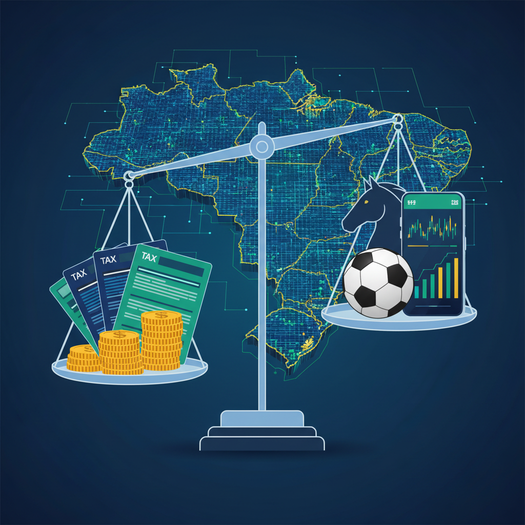 Ilustração profissional mostrando gráficos de crescimento, balança de tributação e ícones de apostas esportivas representando o mercado legal no Brasil em 2026.