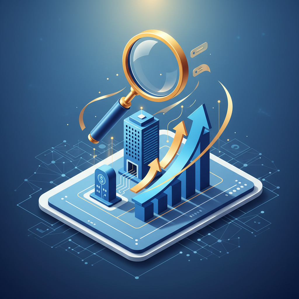 SEO para empresas ilustrando um gráfico de crescimento orgânico e ícones de busca digital profissional.