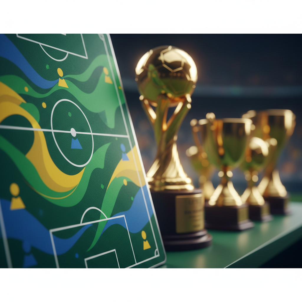 Montagem ilustrativa mostrando um técnico de futebol planejando uma escalação em uma prancheta tática com as cores do Brasil.